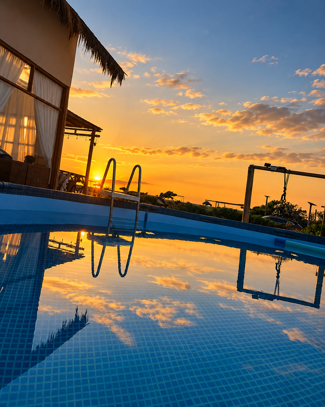 Piscina privada de Refugio 55 al atardecer